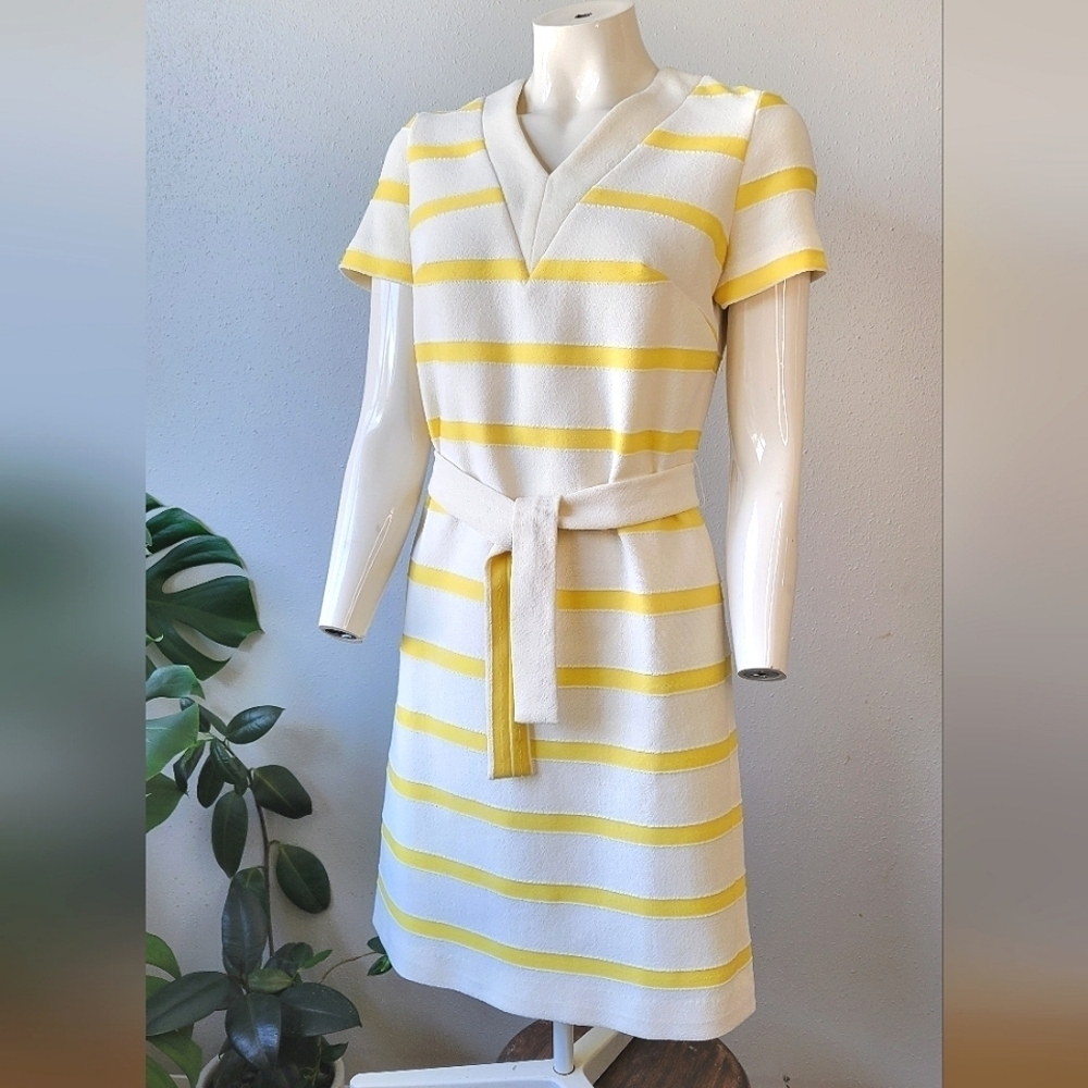 Vintage 60s Yellow Stripe Mod Sheath Dress Belted Mad Men Pin Up Rockabilly